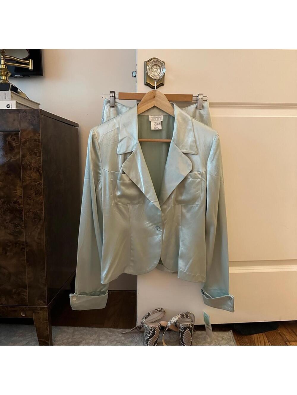 Vintage Light Green Satin Matching Set - Blazer and Mini Skirt